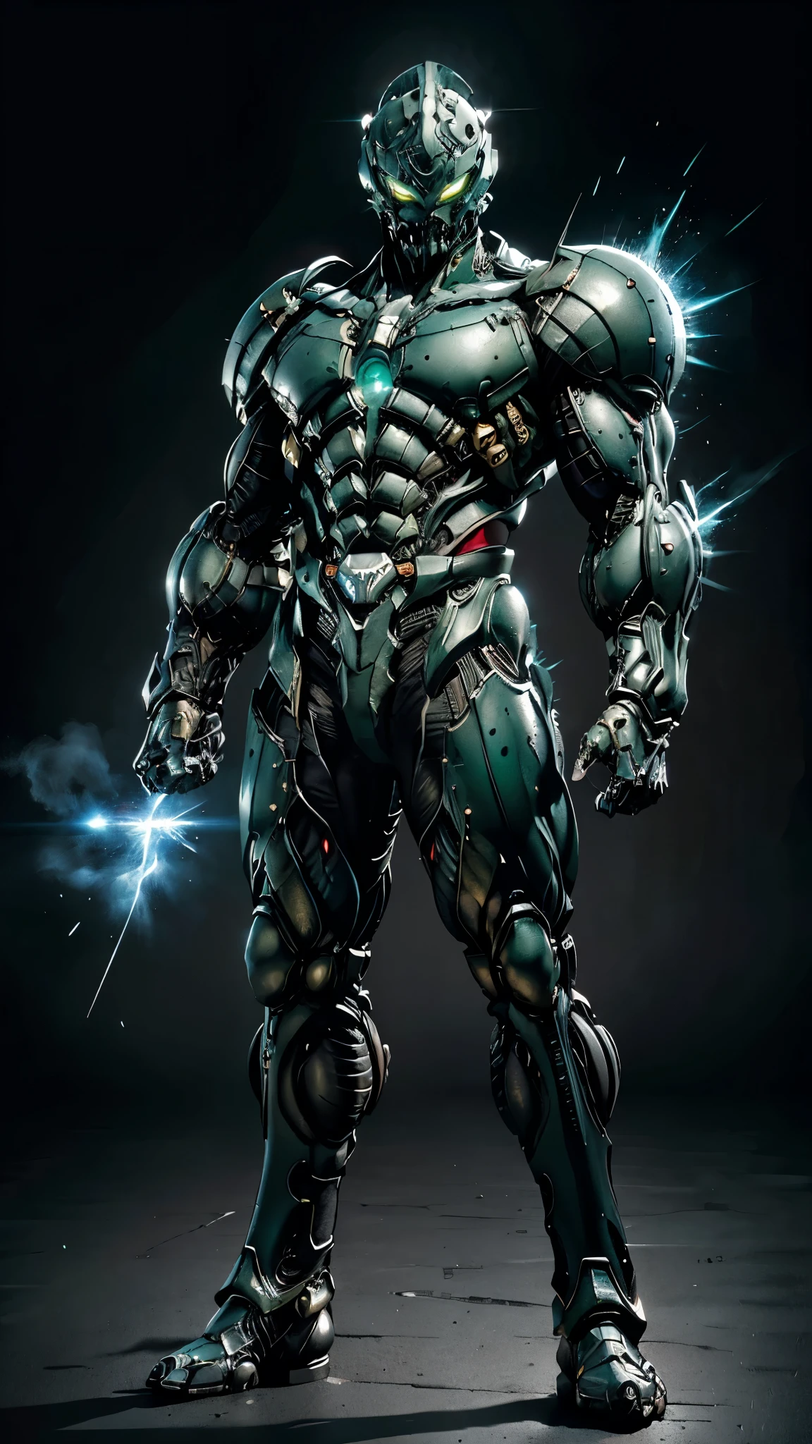 A man wearing a full-face helmet, a fantasy-style biotech armored combat suit, green eyes, (a composite layered chest armor), fully enclosed shoulder guards, matching arm and leg guards, the belt is adorned with fangs biting into gem, (the color scheme is primarily black with red accents), the design balances heavy with agility, a high-tech bio-mecha armor, (Armor Concept Inspired by Godzilla, stand on the top of a skyscraper in a futuristic sci-fi city), this character embodies a finely crafted fantasy-surreal style armored hero in anime style, exquisite and mature manga art style, (element, plasma, energy, the armor glows), ((male:1.5)), metallic, real texture material, dramatic, high definition, best quality, highres, ultra-detailed, ultra-fine painting, extremely delicate, professional, perfect body proportions, golden ratio, anatomically correct, symmetrical face, extremely detailed eyes and face, high quality eyes, creativity, RAW photo, UHD, 32k, Natural light, cinematic lighting, masterpiece-anatomy-perfect, masterpiece:1.5