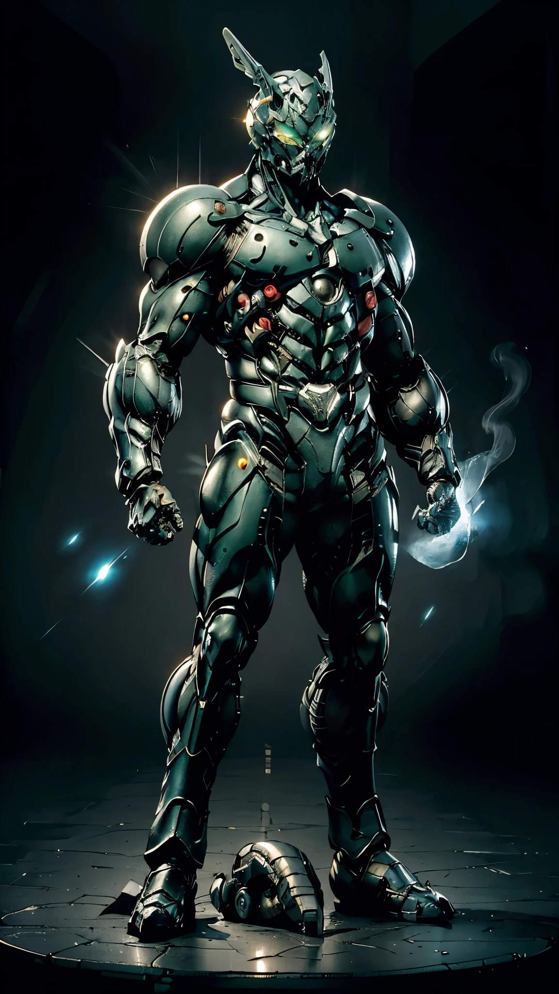 A man wearing a full-face helmet, a fantasy-style biotech armored combat suit, green eyes, (a composite layered chest armor), fully enclosed shoulder guards, matching arm and leg guards, the belt is adorned with fangs biting into gem, (the color scheme is primarily black with red accents), the design balances heavy with agility, a high-tech bio-mecha armor, (Armor Concept Inspired by Godzilla, stand on the top of a skyscraper in a futuristic sci-fi city), this character embodies a finely crafted fantasy-surreal style armored hero in anime style, exquisite and mature manga art style, (element, plasma, energy, the armor glows), ((male:1.5)), metallic, real texture material, dramatic, high definition, best quality, highres, ultra-detailed, ultra-fine painting, extremely delicate, professional, perfect body proportions, golden ratio, anatomically correct, symmetrical face, extremely detailed eyes and face, high quality eyes, creativity, RAW photo, UHD, 32k, Natural light, cinematic lighting, masterpiece-anatomy-perfect, masterpiece:1.5