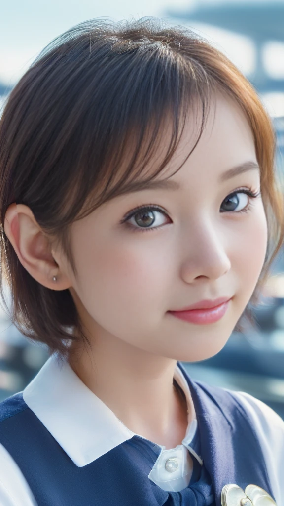 (portrait,highly-detailed,photorealistic:1.5,best quality,4k,8k,highres,masterpiece:1.5), (ultra-detailed, realistic, photorealistic:1.37), (portrait of Onry one young smiling Japanese girl2.0). (She has an innocent and super ultra cute expression, photorealistic style:1.75), (Close-up of her eyes with perfect, clear and beautiful details:2.0), (her eyes are extremely enchanting:1.75), (her baby-like face is exquisitely detailed, showing every fine feature:2.0),(No Baby:2.0). (She has a short hair:1.5), (neatly-styled hair enhances her charm:1.0), (She is a cabin attendant:2.0),(She is wearing a navy blue uniform:1.5), (looking both professional and captivating:1.5), (her radiant smile exudes joy and warmth:1.0), (the sunlight gently illuminates her pretty face, casting a gentle and warm lighting:1.25), the colors are vibrant, enhancing the overall vibrancy of the portrait:1.0.(She is at the airport:1.75).