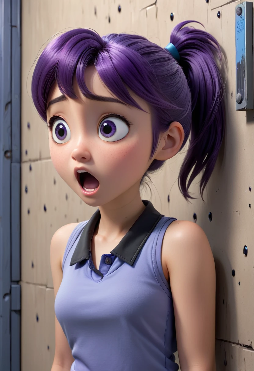 14 year old Japanese girl, purple hair in a ponytail, blue collar, gray tank top, terrified, stuck to the wall with super-strong black glue in a faulty laboratory, 3d Pixar style, (Best quality, 4k, 8k, high resolution, masterpiece #39;artwork:1.2), Ultra-detailed, (Realistic, photoRealistic, photo-Realistic:1.37), portraits, Vivid colors, studio lighting