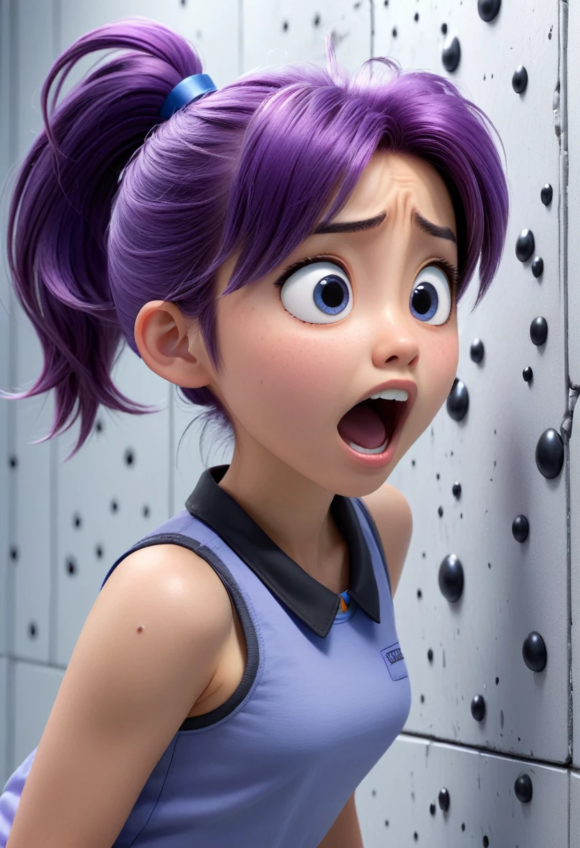 Japanese girl, purple hair in a ponytail, blue collar, gray tank top, terrified, stuck to the wall with super-strong black glue in a faulty laboratory, 3d Pixar style, (Best quality, 4k, 8k, high resolution, masterpiece #39;artwork:1.2), Ultra-detailed, (Realistic, photoRealistic, photo-Realistic:1.37), portraits, Vivid colors, studio lighting