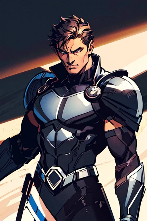 superhero man, has godly metal silver armor, wears black cape, wears black gloves, and has black stripes on both sides of arms, has no logo on armor, has brown hair, and lives in superhero base