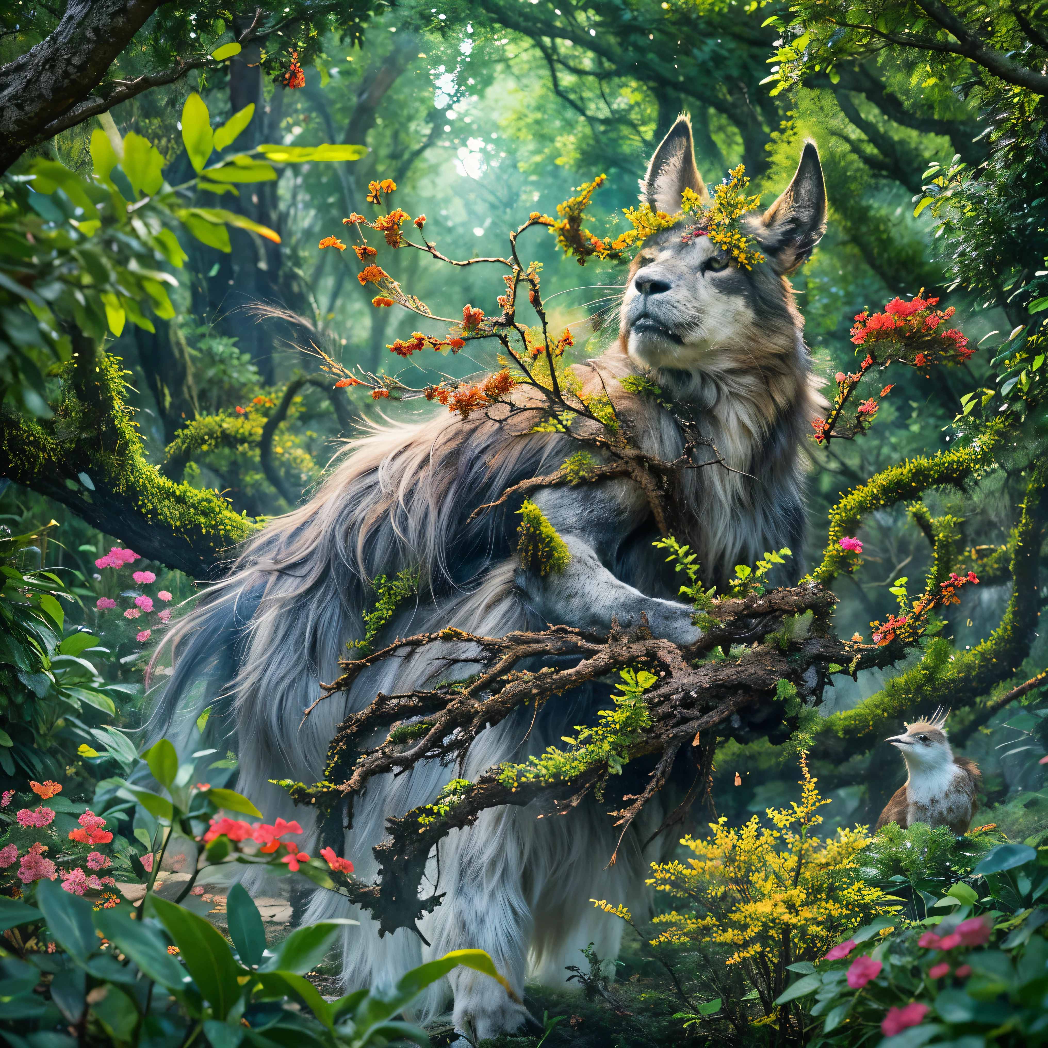 Beastman in an enchanted forest、Mysterious Aura、Intricately patterned fur、Sharp Eyes、Graceful Movement、Ancient Tree々or bright flowers々Surrounded by、Fantastic moonlight、Sparkling Eyes、A powerful transformation、A magical presence、Awe-inspiring beauty、Immersive experiences、A deep connection with nature、Mysterious and enchanting atmosphere、Extraordinary Creatures、Vibrant colors and contrast、Intricate details、Dynamic pose、Characteristics of the Otherworld、A harmonious combination of human and animal characteristics、Seductive and captivating composition