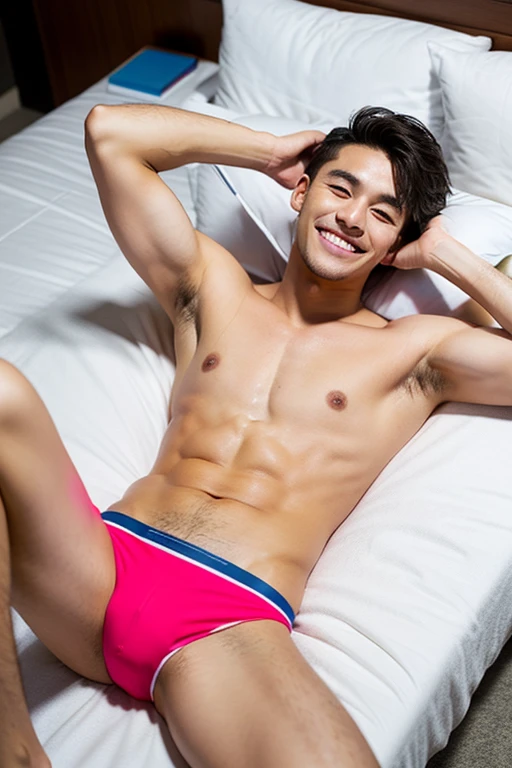 male Age 25 Lifesaver swimwear smiling bed
