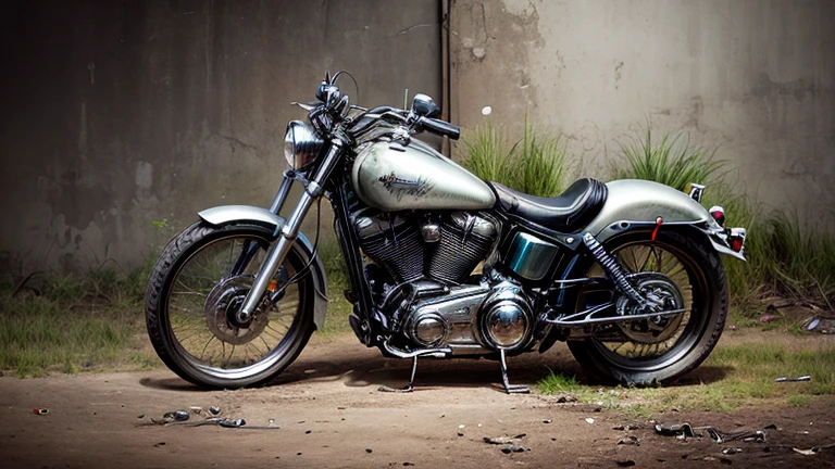 Abandoned Harley Davidson, metal enferrujado escuro, danificado (quebrado,naufragado) sucatas, weeds are growing