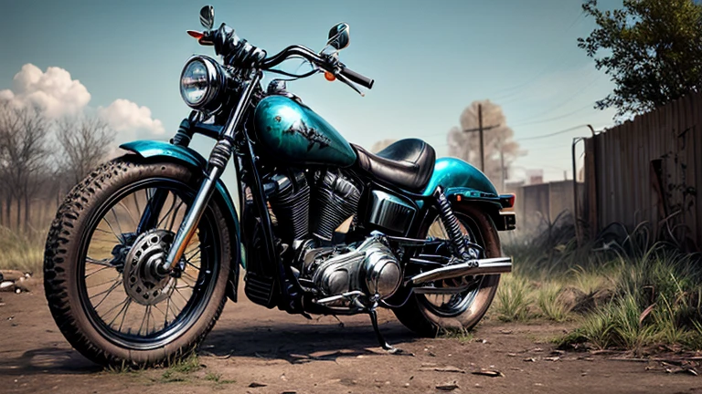 Abandoned Harley Davidson, metal enferrujado escuro, danificado (quebrado,naufragado) sucatas, weeds are growing