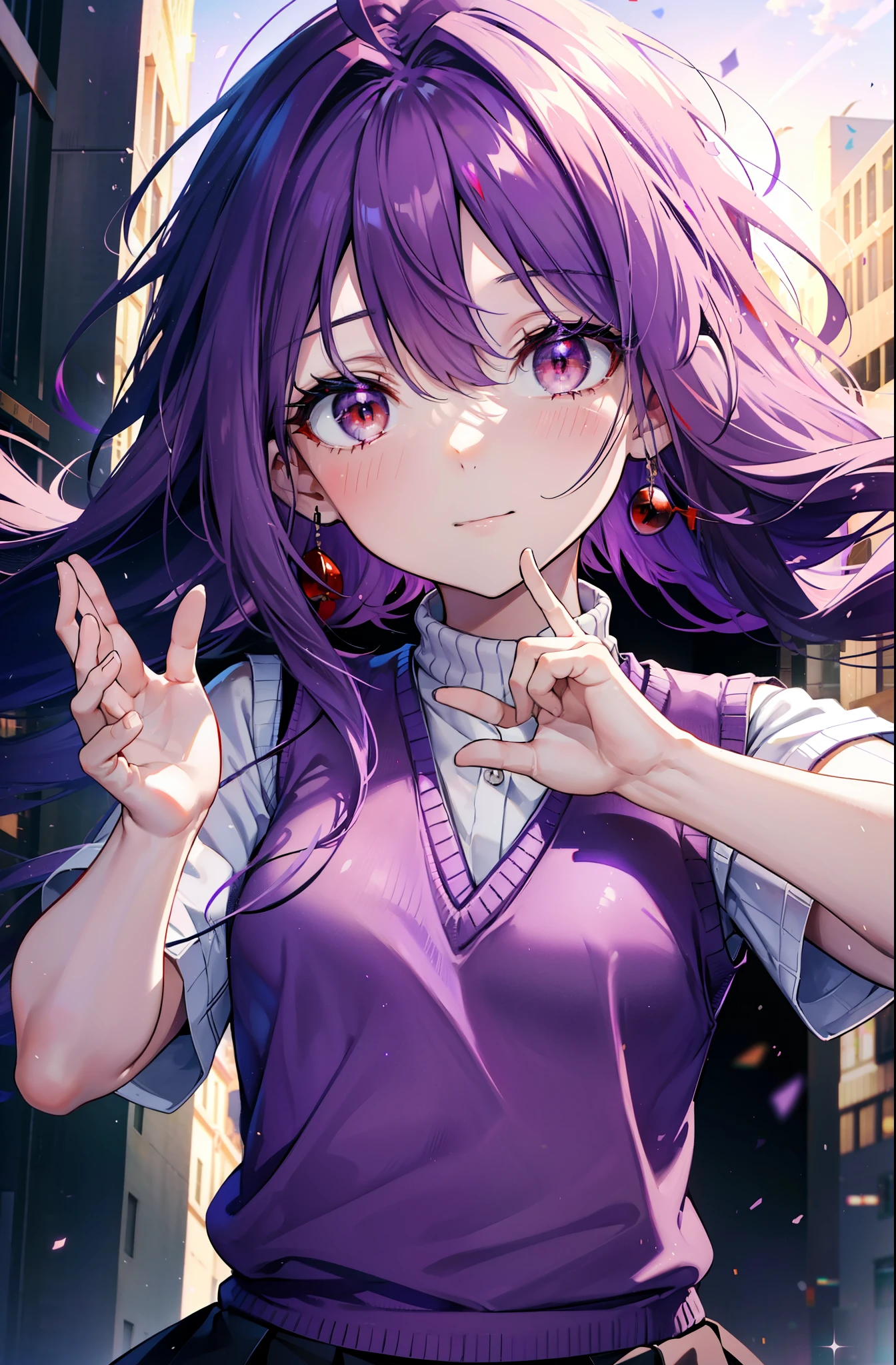 yuukikonno, Yuki Konno, hair band, Long Hair, Pointed Ears, Purple Hair, (Red eyes:1.5), (Small breasts:1.2), smile,White shirt,Sweater vest, (purple Sweater vest:1.5),Short sleeve,,black pleated skirt,black tights,Brown Loafers,Toast in the mouth, running, City Street,morning,morning日,sunrise,A girl running,
break looking at viewer, Upper Body, whole body,
break outdoors, 住宅街のpeople混み, people々々々,
break (masterpiece:1.2), highest quality, High resolution, unity 8k wallpaper, (shape:0.8), (Beautiful and beautiful eyes:1.6), Highly detailed face, Perfect lighting, Extremely detailed CG, (Perfect hands, Perfect Anatomy),