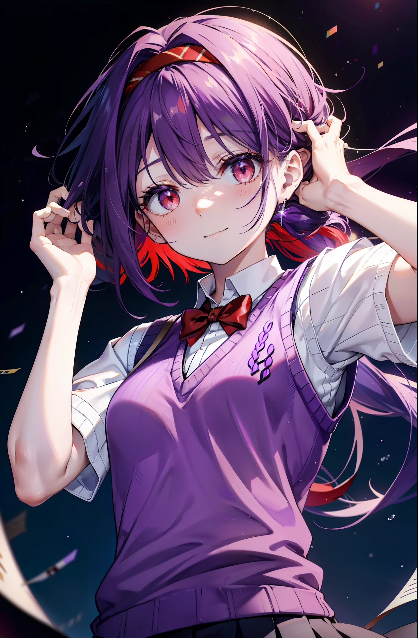 yuukikonno, Yuki Konno, hair band, Long Hair, Pointed Ears, Purple Hair, (Red eyes:1.5), (Small breasts:1.2), smile,White shirt,Sweater vest, (purple Sweater vest:1.5),Short sleeve,,black pleated skirt,black tights,Brown Loafers,Toast in the mouth, running, City Street,morning,morning日,sunrise,A girl running,
break looking at viewer, Upper Body, whole body,
break outdoors, 住宅街のpeople混み, people々々々,
break (masterpiece:1.2), highest quality, High resolution, unity 8k wallpaper, (shape:0.8), (Beautiful and beautiful eyes:1.6), Highly detailed face, Perfect lighting, Extremely detailed CG, (Perfect hands, Perfect Anatomy),