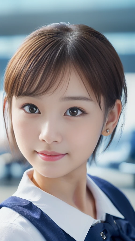 (portrait,highly-detailed,photorealistic:1.5,best quality,4k,8k,highres,masterpiece:1.5), (ultra-detailed, realistic, photorealistic:1.37), (portrait of Onry one young smiling Japanese girl2.0). (She has an innocent and super ultra cute expression, photorealistic style:1.75), (Close-up of her eyes with perfect, clear and beautiful details:2.0), (her eyes are extremely enchanting:1.75), (her -like face is exquisitely detailed, showing every fine feature:2.0),((No Baby)). (She has a short hair:1.5), (neatly-styled hair enhances her charm:1.0), (She is a cabin attendant:2.0),(She is wearing a navy blue uniform:1.5), (looking both professional and captivating:1.5), (her radiant smile exudes joy and warmth:1.0), (the sunlight gently illuminates her pretty face, casting a gentle and warm lighting:1.25), the colors are vibrant, enhancing the overall vibrancy of the portrait:1.0.(She is at the airport:1.75).