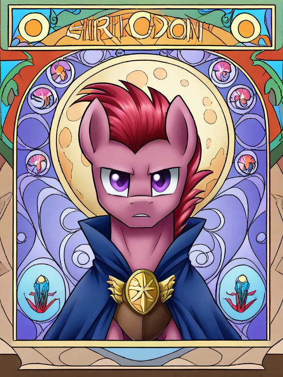 Мой маленький Pony,Pony, male, Moon, stained glass,Bow , crimson mane, blue gray coat color, Purple eyes, Her cutie mark is a armor, dark fantasy aesthetics, 
