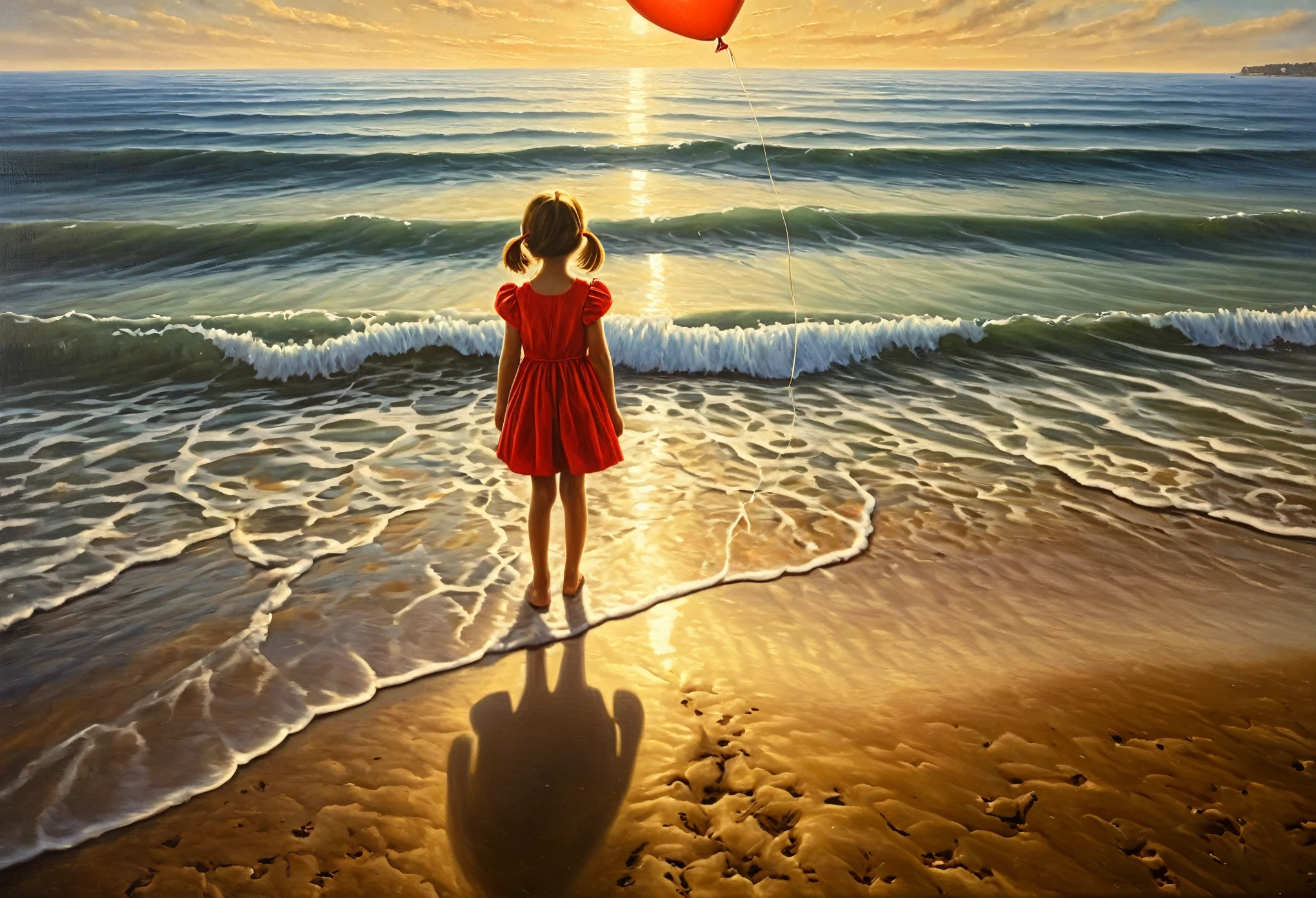 (high quality, HD, highres, masterpiece:1.2), ultra-detailed, (realistic, photorealistic, photo-realistic:1.37), surrealism, oil painting, red balloon,  girl, seashore, perfect anatomy, fine details, realistic lighting, vivid colors, vibrant hues, soft glow，Xill