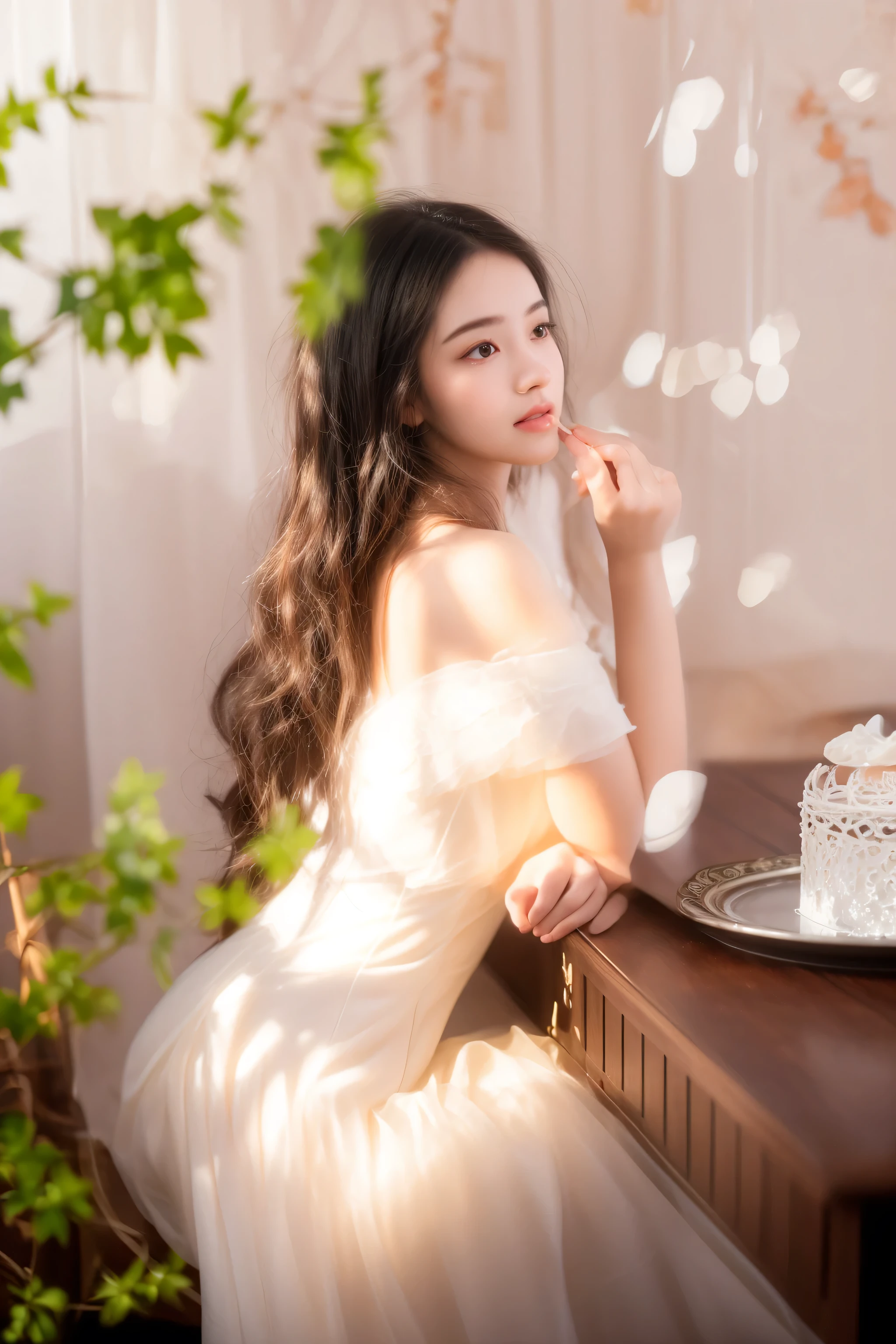 arafed woman in a white dress sitting on a chair, ethereal beauty, a stunning young ethereal figure, beautiful girl model, soft ethereal lighting, portrait soft light, delicate soft hazy lighting, beautiful portrait photo, beautiful soft lighting, a beautiful young woman, cute elegant pose, beautiful young girl, a beautiful woman in white, lovely woman, ethereal and dreamy