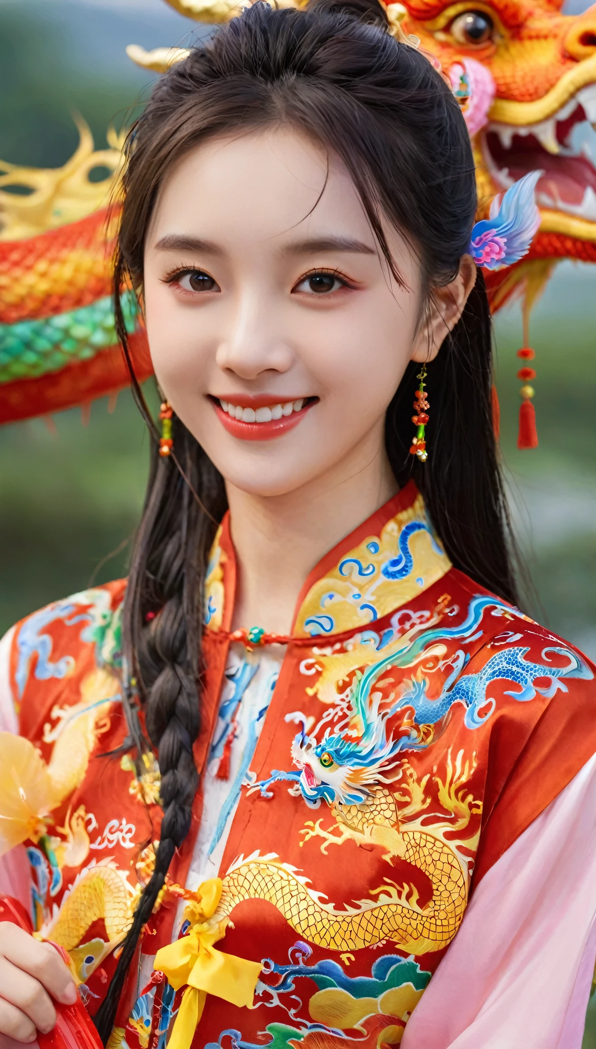 1 Girl, masterpiece, best quality, Make friends with the Chinese dragon, pleasure, Happy, bright, dragon,