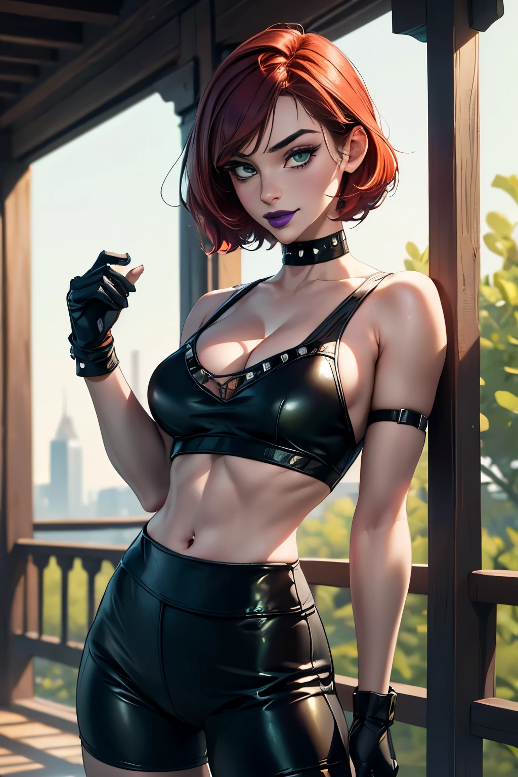 Masterpiece, beautiful art, professional artist, 8k, very detailed face, very detailed hair, 1girl, Rogue (RogueXME, short hair, two-tone hair, (red hair), (white bangs), green eyes, purple makeup, purple lipstick, medium breasts, smiling, choker, studded collar, tight gym shorts and sports bra, gloves), stretching on a yoga matt outside the X-Mansion on the porch, hot, horny, aroused, blushing, thinking of her girlfriend, missing her lover, no labels, no branding, perfectly drawn body, beautiful face, very detailed eyes, rosey cheeks, intricate details in eyes, perfect fit body, beautiful body, extremely detailed, intricate details, highly detailed, sharp focus, detailed skin, realistic skin texture, texture, detailed eyes, high resolution, kodak vision color, foto_\(ultra\), post-processing, maximum detail, roughness, real life, ultra realistic, photorealism, photography, absurdres, RAW photo, highest quality, high detail RAW color photo, professional photo, extremely detailed UHD 8k wallpaper unit, best quality, highres, (masterpiece, top quality, high resolution:1.4), photo, cinematic, film grain, sharp, soft natural light, magic photography, super detailed.