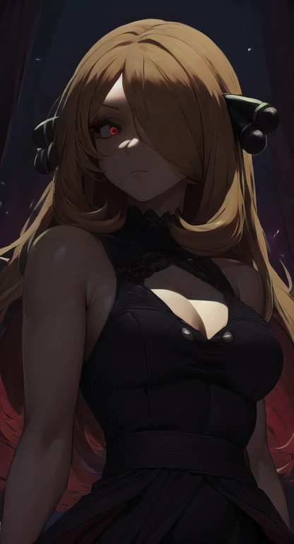 masterpiece, best quality, solo, sweet and beautiful, Cynthia, dark room, glowing red eyes, darkness,