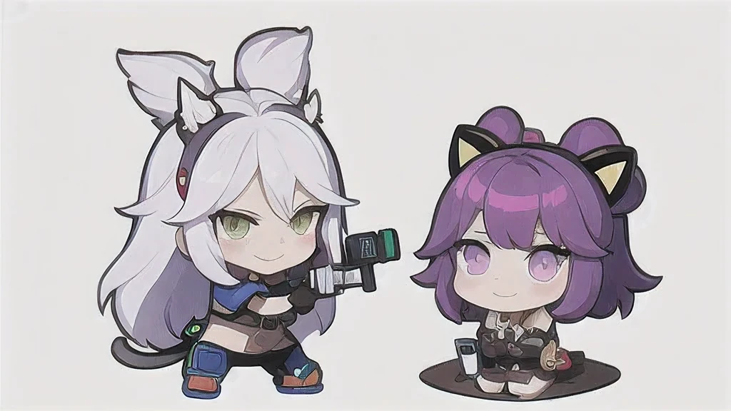 a cartoon image of a girl with a purple hair and a black top, kda, character art of maple story, （（Deer antler hair accessories））advanced digital chibi art, arcane art style, 2 d sprite, genshin impact character, official character art, chibi monster girl, chibi, , noire, ayaka genshin impact, maplestory mouse, hero 2 d fanart artsation，a cartoon image of a girl with a purple hair and a purple outfit, , chibi, kda, twitch emote, chibi monster girl, [[[[grinning evily]]]], 2 d sprite, of a ramlethal valentine,Purple and white combination, melty, cute cyber gods, advanced digital chibi art（（2 girls ））Long purple-white hair，Double tail，big eyes，Sports Posture，Combat Status，Full mana