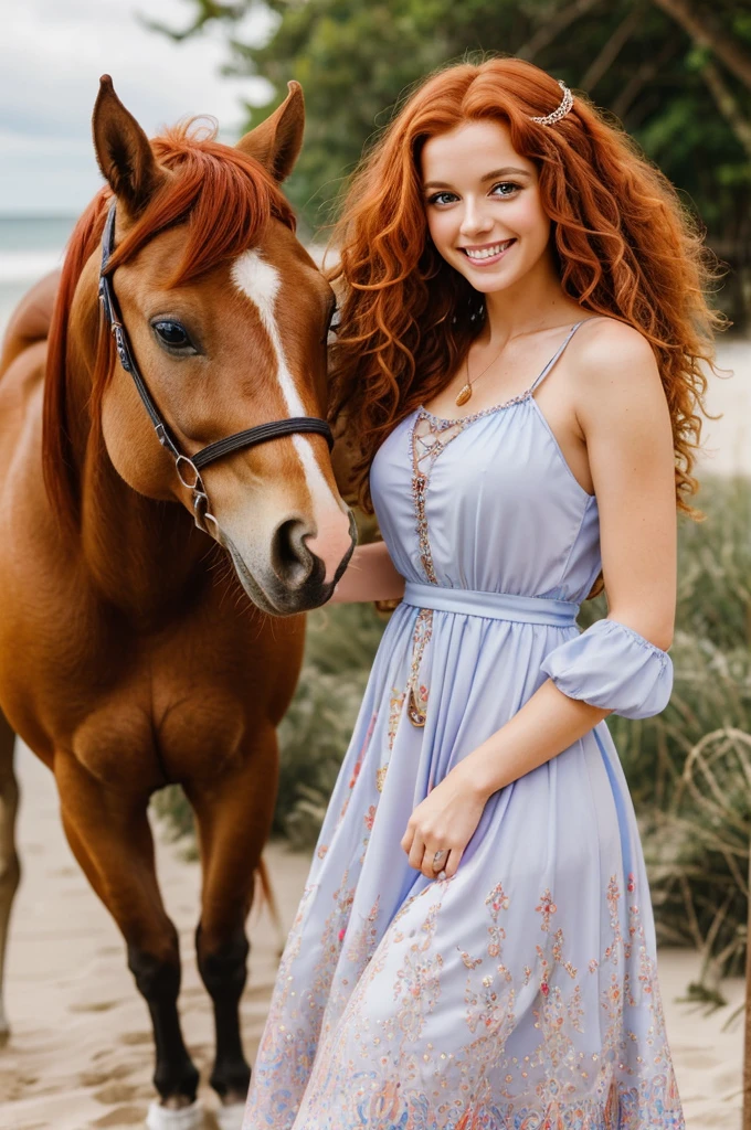 European, cute, beautiful, jung zwischen 25-30 jahre alt, (naturally light red hair curly to the belly button), (full body shot) () (fully clothed with (hair (dressed in a princess dress with a lot of details)) and rest of the body), (she is standing beside a horse) colorful and bright picture, (she is on the beach) (with model very happily smiling face) and (blue light eyes), detailed skin, detailed, super realistic,bokeh,