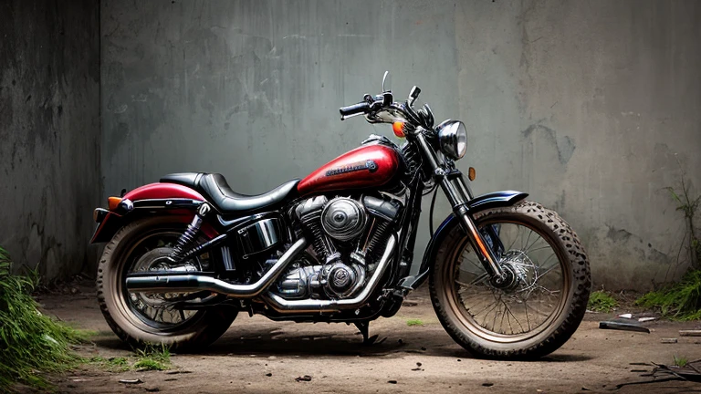 Abandoned Harley Davidson, pneu vazio, metal enferrujado escuro, danificado (quebrado,naufragado) sucatas, weeds are growing