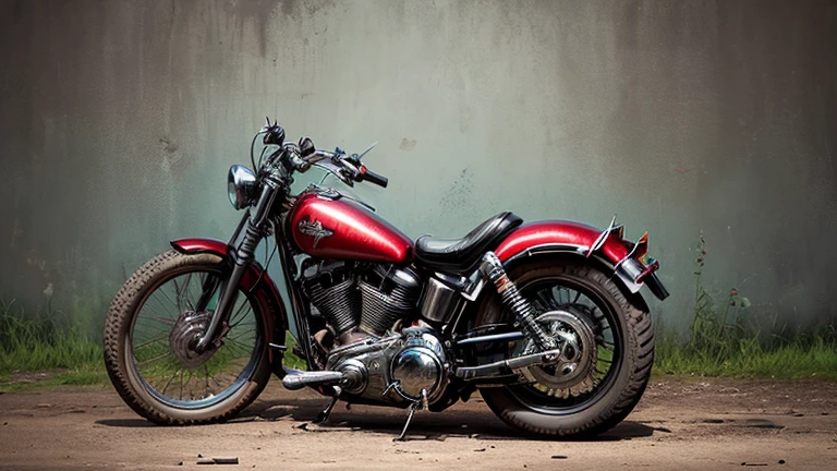 Abandoned Harley Davidson, pneu vazio, metal enferrujado escuro, danificado (quebrado,naufragado) sucatas, weeds are growing