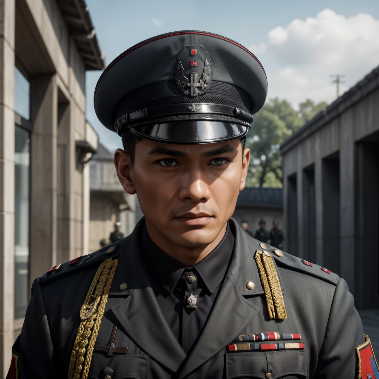 
"Craft a vivid narrative depicting a strikingly handsome Indonesian military officer, his raven-black hair framing sharp features, during World War II. He serves in the Waffen-SS, clad in a steely grey uniform with a military cap adorning his head. Despite his alluring appearance, his demeanor is chillingly cold and lethal. Describe a scene where his ruthless efficiency and merciless nature are on display amidst the chaos of battle, capturing the essence of his character as a formidable and formidable figure on the battlefield." super fine face, super fine eyes, super fine nose, super fine mouth, perfect face, black uniform, uniform, ww2 soldier uniform, ww2 german soldier officer uniform, waffen ss uniform, Wehrmacht uniform, super realistic waffen ss uniform, passport photograph, weapon, rifle, machine gun, sub machine gun, assault rifle, raw photo