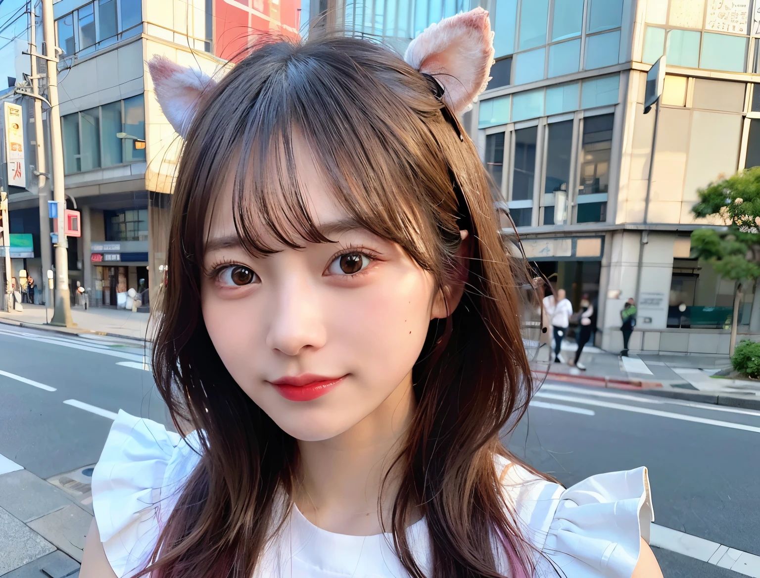 (8k、Raw photo、highest quality、masterpiece:1.2)、(Realistic、Photorealistic:1.37)、1 adult female、Tokyo Street、Cityscape、Daytime、Upper body、Double Eyes、Kamimei、The nasal muscles pass through、Beaver、Loose wavy hair、Huge 、Frilled shirt、jeans、Fair skin、Pink Lips、Laughter、luxury