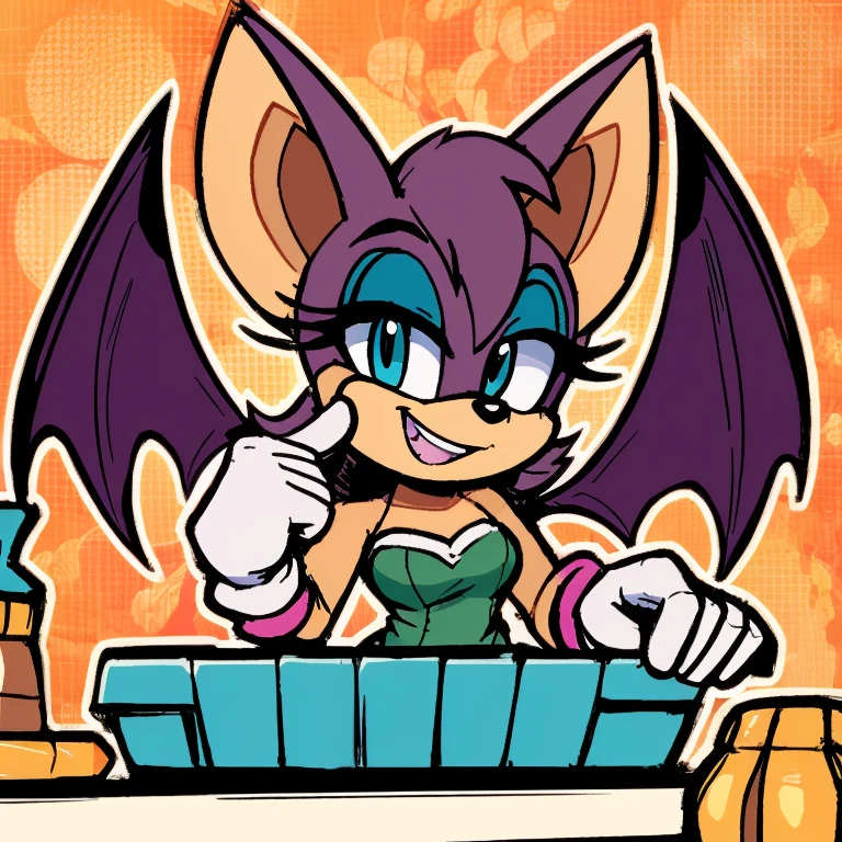 (score_9, score_8_up, 2d), 1girl, solo, Rouge the bat, female mobian, turquoise eyes, cute smile, looking at viewer, bat wings.