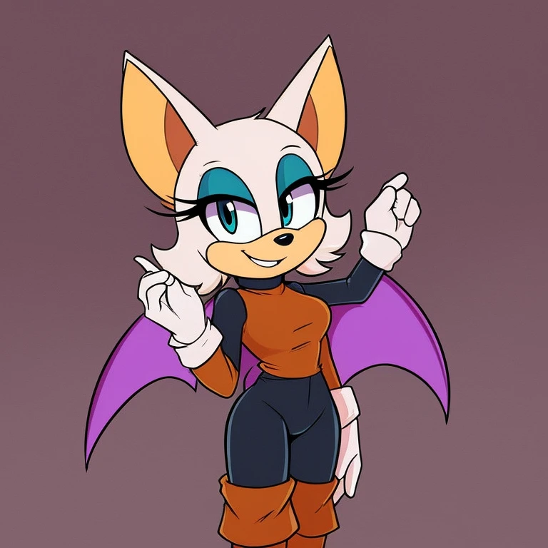 (score_9, score_8_up, 2d), 1girl, solo, Rouge the bat, female mobian, turquoise eyes, cute smile, looking at viewer, bat wings.