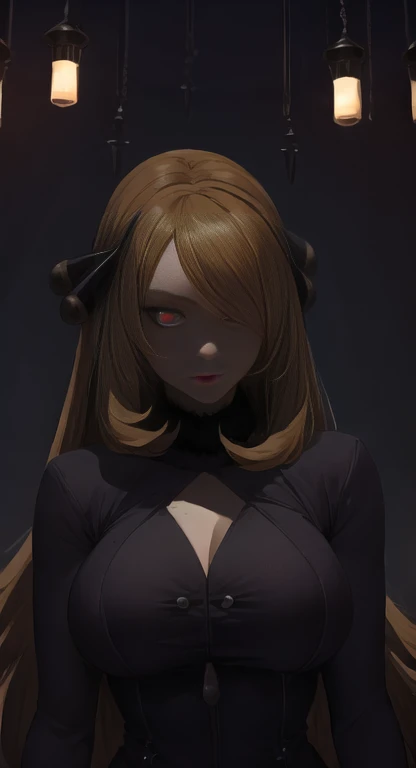 masterpiece, best quality, solo, sweet and beautiful, Cynthia, dark room, bright glowing red eyes, darkness,
