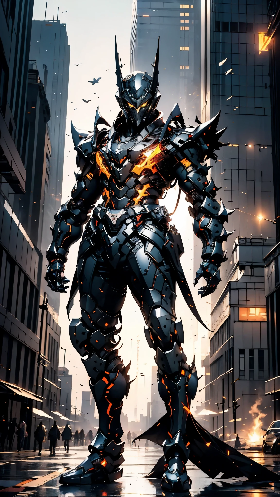 A man wearing a full-face helmet, a fantasy-style biotech armored combat suit, green eyes, (a composite layered chest armor), fully enclosed shoulder guards, matching arm and leg guards, the belt is adorned with fangs biting into gem, (the color scheme is primarily black with red accents), the design balances heavy with agility, a high-tech bio-mecha armor, (Armor Concept Inspired by Godzilla, stand on the top of a skyscraper in a futuristic sci-fi city), this character embodies a finely crafted fantasy-surreal style armored hero in anime style, exquisite and mature manga art style, (element, plasma, energy, the armor glows), ((male:1.5)), metallic, real texture material, dramatic, high definition, best quality, highres, ultra-detailed, ultra-fine painting, extremely delicate, professional, perfect body proportions, golden ratio, anatomically correct, symmetrical face, extremely detailed eyes and face, high quality eyes, creativity, RAW photo, UHD, 32k, Natural light, cinematic lighting, masterpiece-anatomy-perfect, masterpiece:1.5