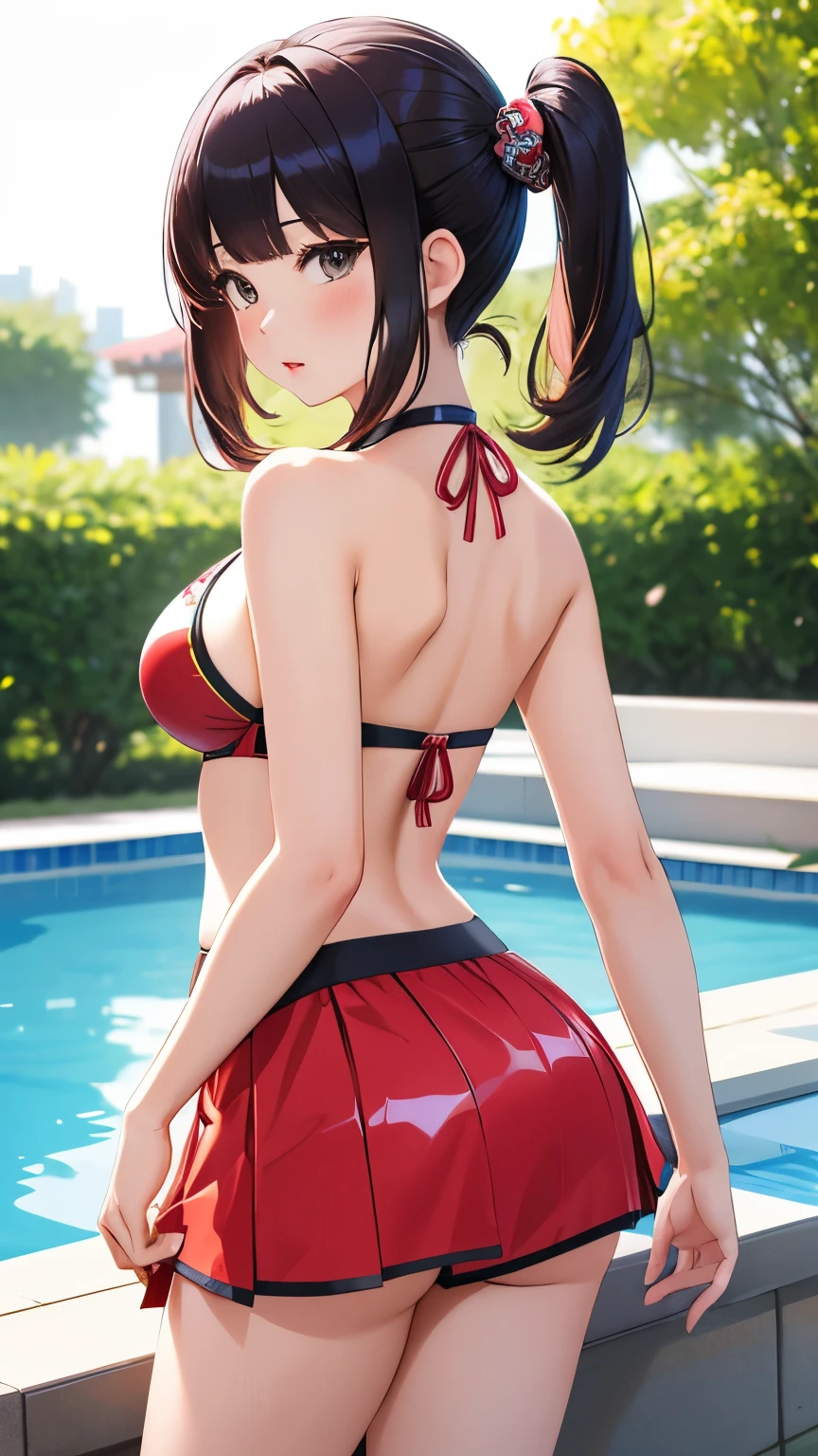 best quality, 1girl, masterpiece ultra detailed, illustration, yang guifei, glossy lips, blush, lips parted, short hair, twintails, standing, from behind, (bikini with microskirt), pool