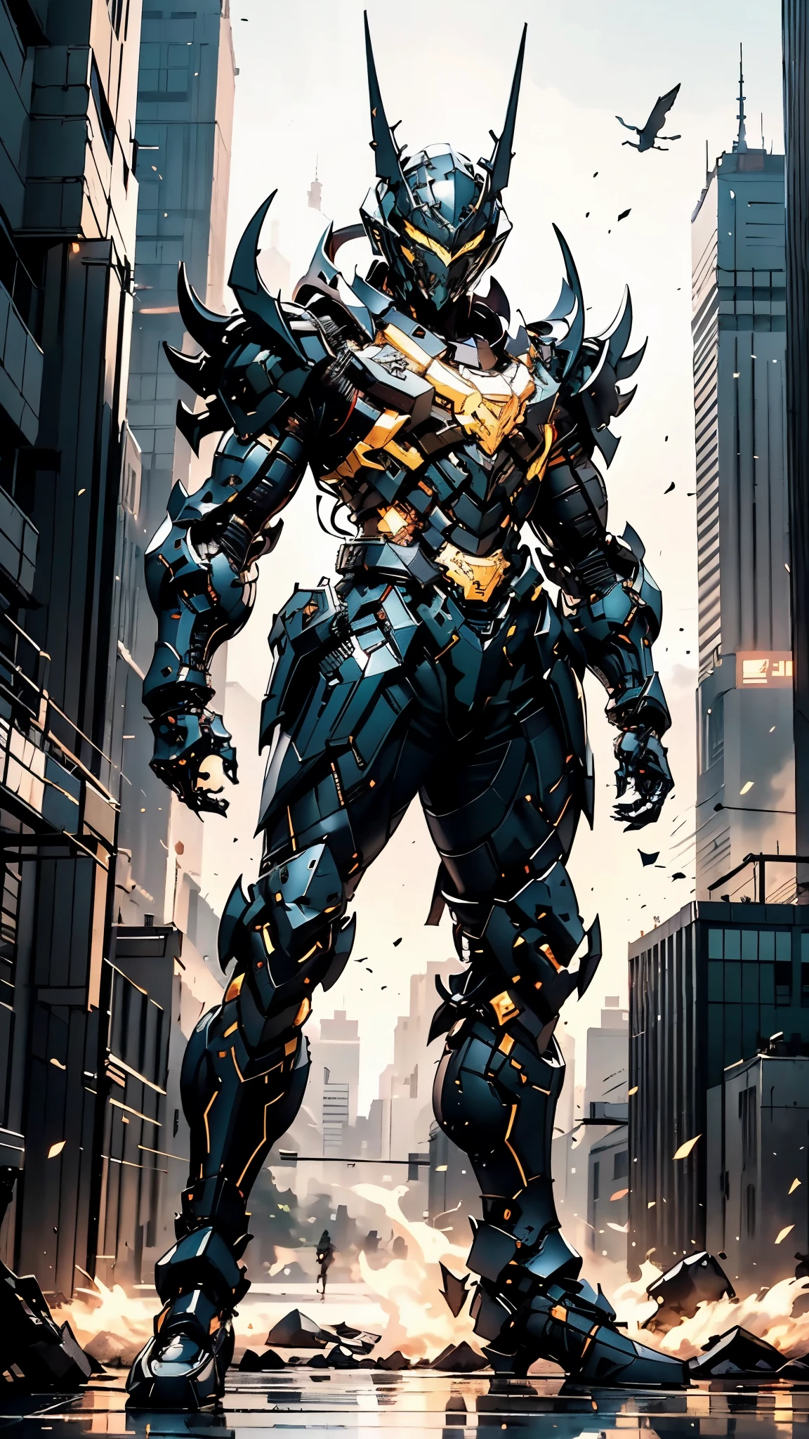 A man wearing a full-face helmet, a fantasy-style biotech armored combat suit, green eyes, (a composite layered chest armor), fully enclosed shoulder guards, matching arm and leg guards, the belt is adorned with fangs biting into gem, (the color scheme is primarily black with red accents), the design balances heavy with agility, a high-tech bio-mecha armor, (Armor Concept Inspired by Godzilla, stand on the top of a skyscraper in a futuristic sci-fi city), this character embodies a finely crafted fantasy-surreal style armored hero in anime style, exquisite and mature manga art style, (element, plasma, energy, the armor glows), ((male:1.5)), metallic, real texture material, dramatic, high definition, best quality, highres, ultra-detailed, ultra-fine painting, extremely delicate, professional, perfect body proportions, golden ratio, anatomically correct, symmetrical face, extremely detailed eyes and face, high quality eyes, creativity, RAW photo, UHD, 32k, Natural light, cinematic lighting, masterpiece-anatomy-perfect, masterpiece:1.5