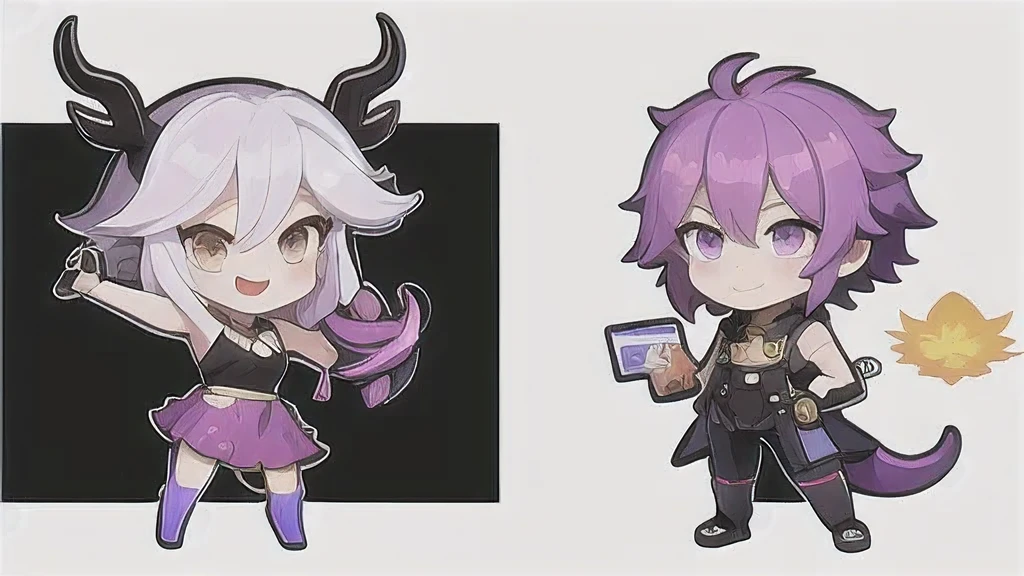 a cartoon image of a girl with a purple hair and a black top, kda, character art of maple story, （（Deer antler hair accessories））advanced digital chibi art, arcane art style, 2 d sprite, genshin impact character, official character art, chibi monster girl, chibi, , noire, ayaka genshin impact, maplestory mouse, hero 2 d fanart artsation，a cartoon image of a girl with a purple hair and a purple outfit, , chibi, kda, twitch emote, chibi monster girl, [[[[grinning evily]]]], 2 d sprite, of a ramlethal valentine,Purple and white combination, melty, cute cyber gods, advanced digital chibi art（（2 girls ））Long purple-white hair，Double tail，big eyes，Sports Posture，Combat Status，Full mana