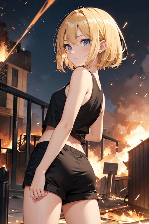 at night、Explosion and fire at air base、fence、Exploding buildings、Turn around and show me your ass、Cute Blonde Girl、Cute face、Elegant and smooth body、Whole Body Ezbian、Short Bob Hair、Blonde、blue eyes、Black tank top、Sexy black shorts、Wearing black shorts