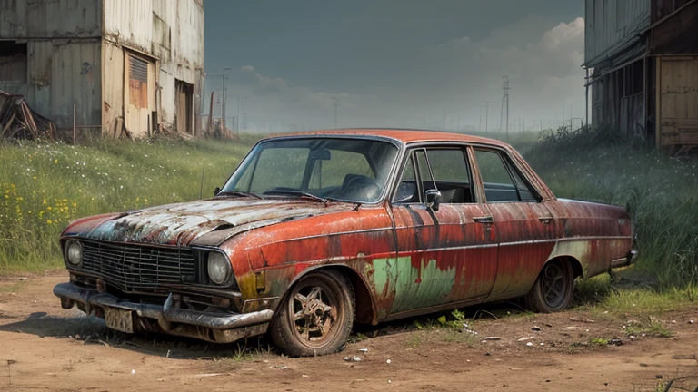 Abandoned carros, metal enferrujado escuro, danificado (quebrado,naufragado) carros, weeds are growing