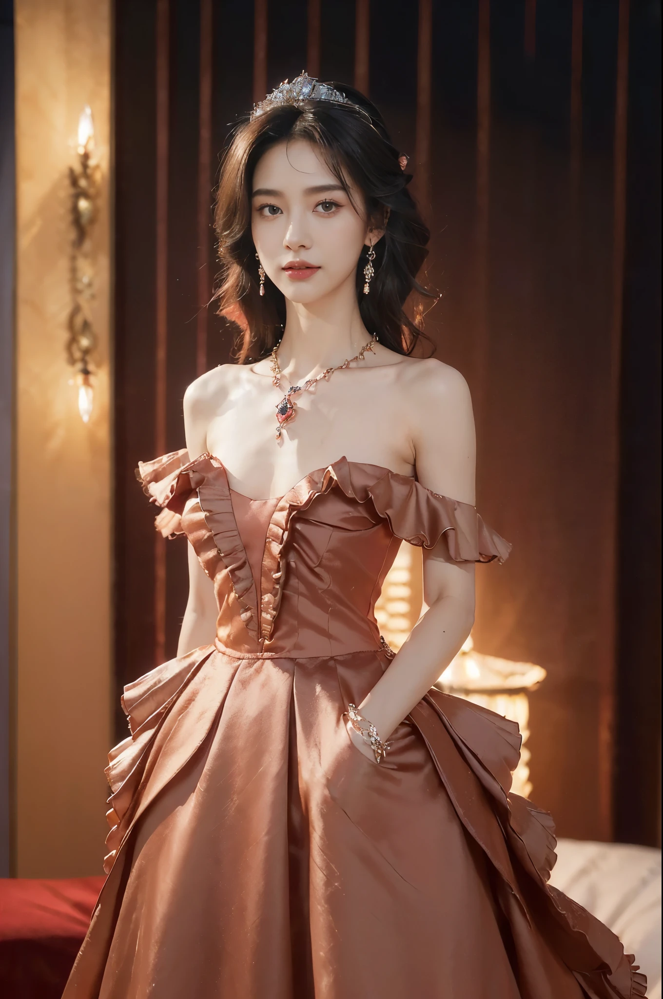 (Extremely meticulous CG),(((8k))),wallpaper,(Portrait above the chest:1.3),((Extremely refined and beautiful)),(((Masterpiece))),(((best qualtiy))),(((Ultra High Resolution))),beautiful light up,realistic shaded,(Smooth and flawless fair skin:1.5),(Extremely exquisite facial details:1.2),(ultra-detailed:1.5),((a beautiful girl,solo)),(shoulder length straight bob hair:1.3),(small head:1.2),(princess crown:1.2),(slender face:1.2),(Exquisite makeup:1.3),(smiling:1.2),(laughing:1.2),(blush:1.3),(perfect body:1.2),(earrings:1.2),(crystal necklace:1.3),(Bracelet:1.2),(Gorgeous red Gothic ruffled evening dress:1.5),((slim,thin)),(small breasts:1.2),(flat chests:1.2),(from front:1.3),(standing:1.3),(arms behind back:1.3),(In a luxurious hotel bedroom:1.5),(Extremely luxurious decoration:1.5),(warm neon lights:1.3),(indoor:1.2),(Cyberpunk style:1.3),(detailed background:1.5),(night scene:1.5),(upper body:1.3),