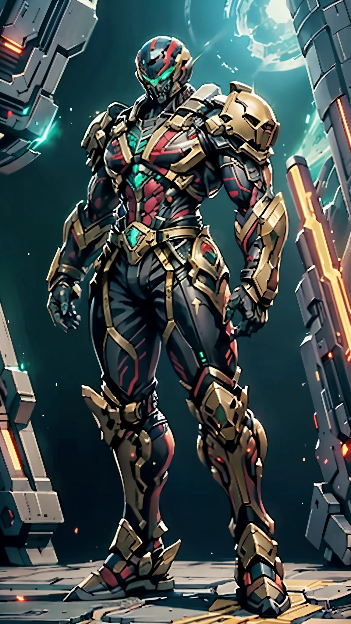 A man wearing a full-face helmet, a fantasy-style biotech armored combat suit, green eyes, (a composite layered ????? armor), fully enclosed shoulder guards, matching arm and leg guards, the belt is adorned with fangs biting into gem, (the color scheme is primarily black with red accents), the design balances heavy with agility, a high-tech bio-mecha armor, (Armor Concept Inspired by Godzilla, stand on the top of a skyscraper in a futuristic sci-fi city), this character embodies a finely crafted fantasy-surreal style armored hero in anime style, exquisite and mature manga art style, (element, plasma, energy, the armor glows), ((male:1.5)), metallic, real texture material, dramatic, high definition, best quality, highres, ultra-detailed, ultra-fine painting, extremely delicate, professional, perfect body proportions, golden ratio, anatomically correct, symmetrical face, extremely detailed eyes and face, high quality eyes, creativity, RAW photo, UHD, 32k, Natural light, cinematic lighting, masterpiece-???????-perfect, masterpiece:1.5