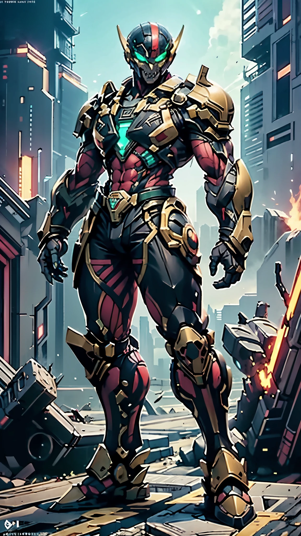 A man wearing a full-face helmet, a fantasy-style biotech armored combat suit, green eyes, (a composite layered chest armor), fully enclosed shoulder guards, matching arm and leg guards, the belt is adorned with fangs biting into gem, (the color scheme is primarily black with red accents), the design balances heavy with agility, a high-tech bio-mecha armor, (Armor Concept Inspired by Godzilla, stand on the top of a skyscraper in a futuristic sci-fi city), this character embodies a finely crafted fantasy-surreal style armored hero in anime style, exquisite and mature manga art style, (element, plasma, energy, the armor glows), ((male:1.5)), metallic, real texture material, dramatic, high definition, best quality, highres, ultra-detailed, ultra-fine painting, extremely delicate, professional, perfect body proportions, golden ratio, anatomically correct, symmetrical face, extremely detailed eyes and face, high quality eyes, creativity, RAW photo, UHD, 32k, Natural light, cinematic lighting, masterpiece-anatomy-perfect, masterpiece:1.5