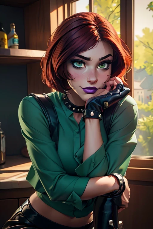 Masterpiece, beautiful art, professional artist, 8k, very detailed face, very detailed hair, 1girl, Rogue (RogueXME, short hair, two-tone hair, (red hair), (white bangs), green eyes, purple makeup, purple lipstick, medium breasts, smiling, choker, studded collar, ((green shirt)), miniskirt, leather skirt, gloves, boots), walking around the X-Mansion, hot, horny, aroused, blushing, thinking of her girlfriend, missing her lover, no labels, no branding, perfectly drawn body, beautiful face, very detailed eyes, rosey cheeks, intricate details in eyes, perfect fit body, beautiful body, extremely detailed, intricate details, highly detailed, sharp focus, detailed skin, realistic skin texture, texture, detailed eyes, high resolution, kodak vision color, foto_\(ultra\), post-processing, maximum detail, roughness, real life, ultra realistic, photorealism, photography, absurdres, RAW photo, highest quality, high detail RAW color photo, professional photo, extremely detailed UHD 8k wallpaper unit, best quality, highres, (masterpiece, top quality, high resolution:1.4), photo, cinematic, film grain, sharp, soft natural light, magic photography, super detailed, remove extra limb and have her leaning on a stool