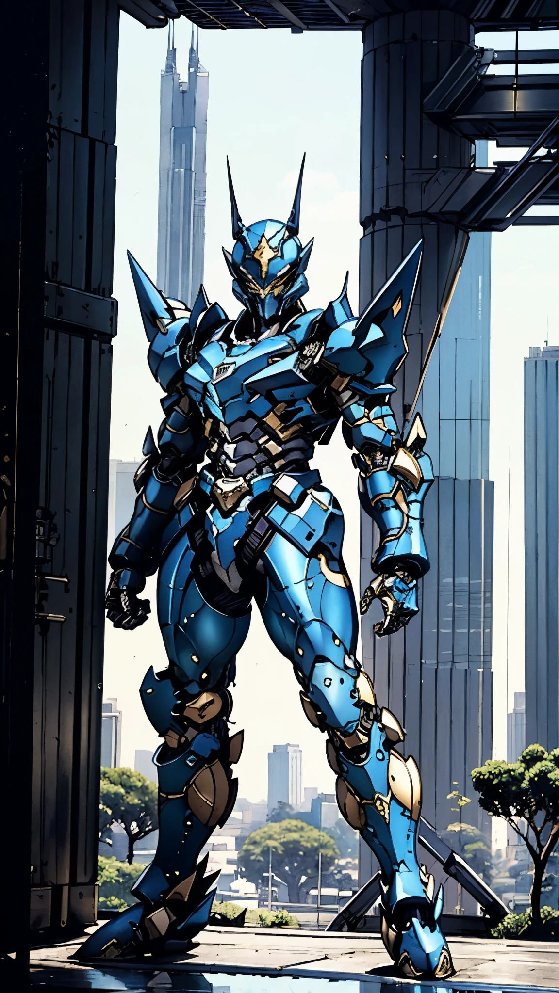 A man wearing a full-face helmet, a fantasy-style biotech armored combat suit, green eyes, (a composite layered chest armor), fully enclosed shoulder guards, matching arm and leg guards, the belt is adorned with fangs biting into gem, (the color scheme is primarily black with red accents), the design balances heavy with agility, a high-tech bio-mecha armor, (Armor Concept Inspired by Godzilla, stand on the top of a skyscraper in a futuristic sci-fi city), this character embodies a finely crafted fantasy-surreal style armored hero in anime style, exquisite and mature manga art style, (element, plasma, energy, the armor glows), ((male:1.5)), metallic, real texture material, dramatic, high definition, best quality, highres, ultra-detailed, ultra-fine painting, extremely delicate, professional, perfect body proportions, golden ratio, anatomically correct, symmetrical face, extremely detailed eyes and face, high quality eyes, creativity, RAW photo, UHD, 32k, Natural light, cinematic lighting, masterpiece-anatomy-perfect, masterpiece:1.5