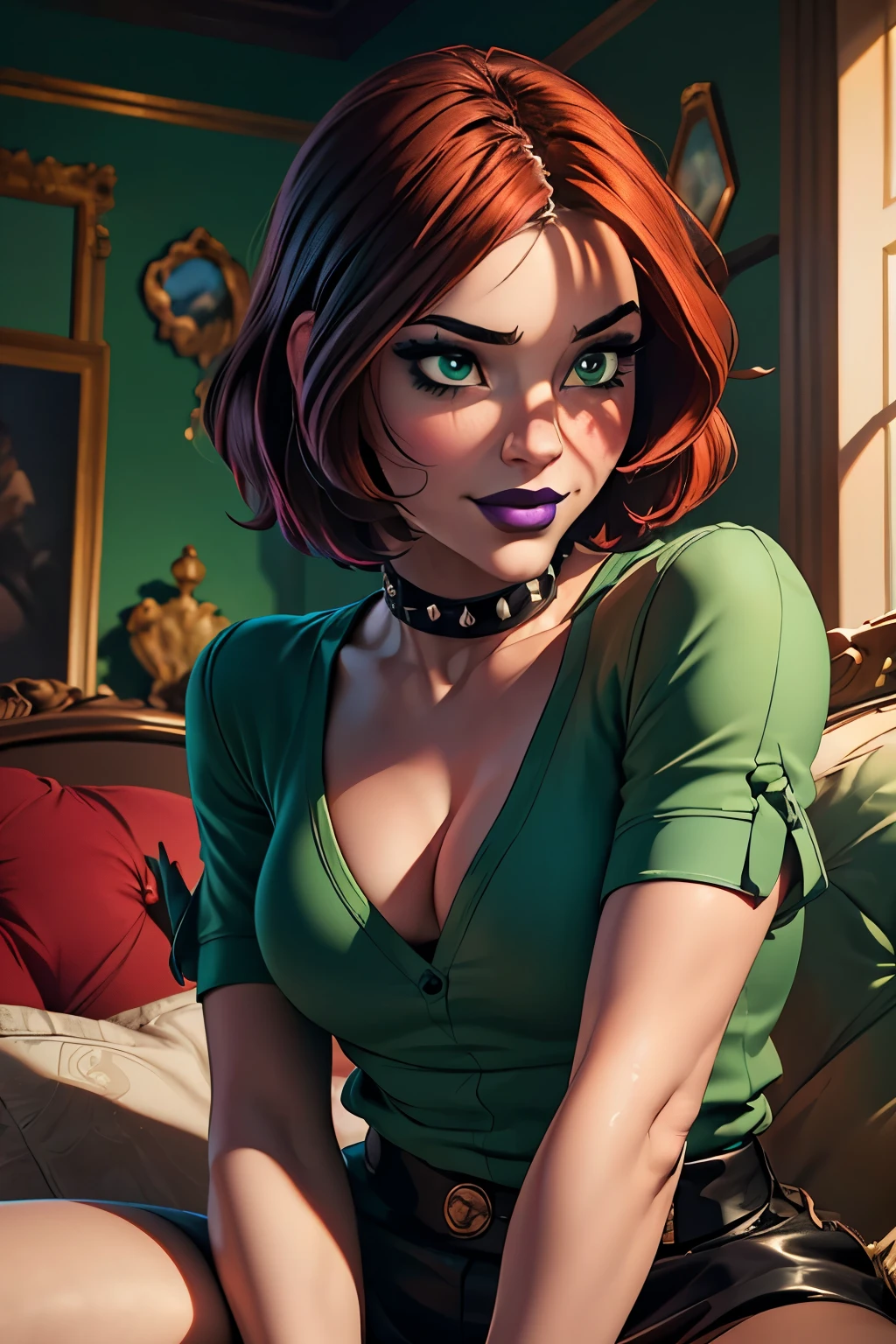 Masterpiece, beautiful art, professional artist, 8k, very detailed face, very detailed hair, 1girl, Rogue (RogueXME, short hair, two-tone hair, (red hair), (white bangs), green eyes, purple makeup, purple lipstick, medium breasts, smiling, choker, studded collar, ((green shirt)), miniskirt, leather skirt, gloves, boots), walking around the X-Mansion, hot, horny, aroused, blushing, thinking of her girlfriend, missing her lover, no labels, no branding, perfectly drawn body, beautiful face, very detailed eyes, rosey cheeks, intricate details in eyes, perfect fit body, beautiful body, extremely detailed, intricate details, highly detailed, sharp focus, detailed skin, realistic skin texture, texture, detailed eyes, high resolution, kodak vision color, foto_\(ultra\), post-processing, maximum detail, roughness, real life, ultra realistic, photorealism, photography, absurdres, RAW photo, highest quality, high detail RAW color photo, professional photo, extremely detailed UHD 8k wallpaper unit, best quality, highres, (masterpiece, top quality, high resolution:1.4), photo, cinematic, film grain, sharp, soft natural light, magic photography, super detailed