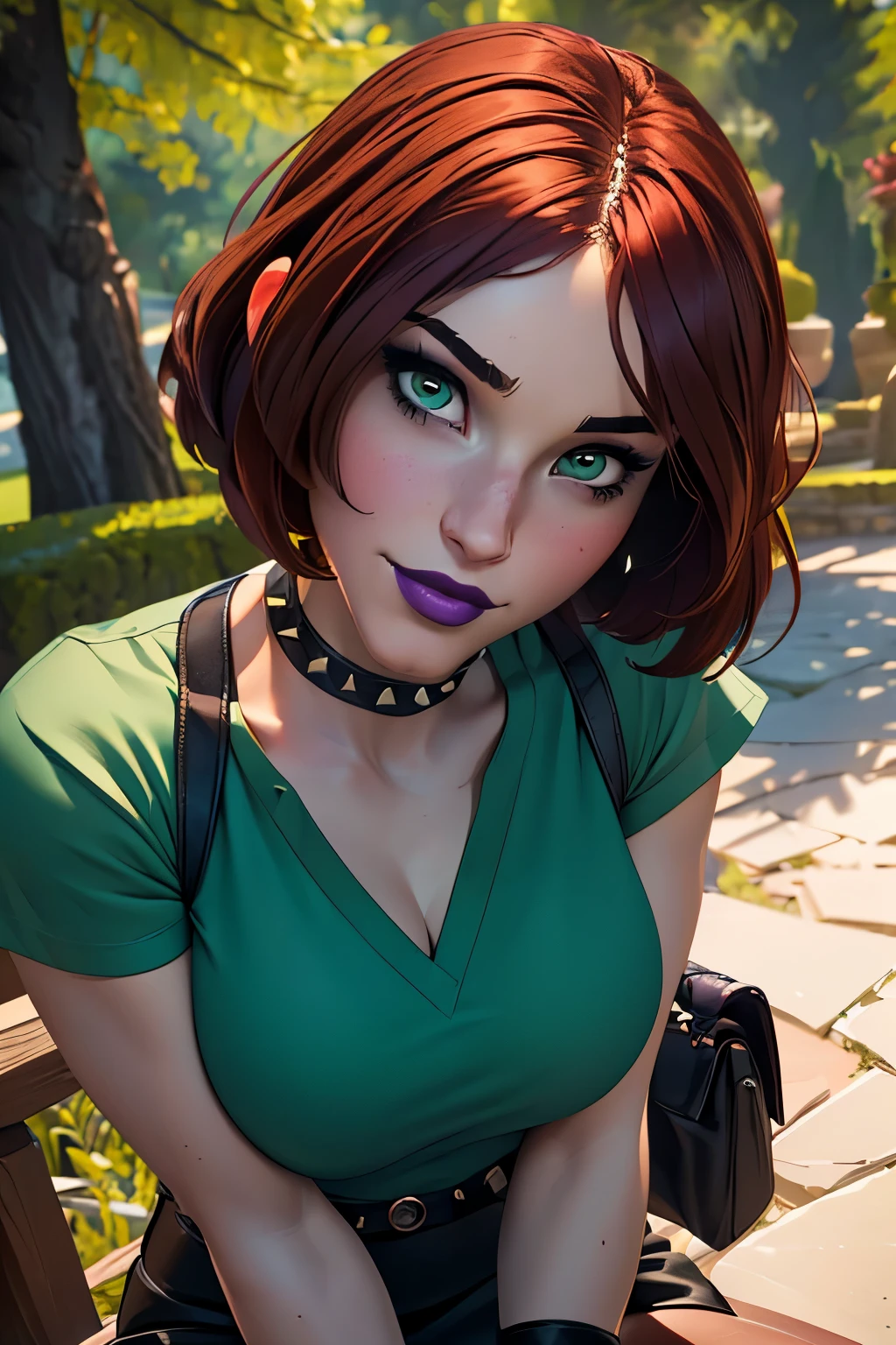 Masterpiece, beautiful art, professional artist, 8k, very detailed face, very detailed hair, 1girl, Rogue (RogueXME, short hair, two-tone hair, (red hair), (white bangs), green eyes, purple makeup, purple lipstick, medium breasts, smiling, choker, studded collar, ((green shirt)), miniskirt, leather skirt, gloves, boots), walking around the X-Mansion, hot, horny, aroused, blushing, thinking of her girlfriend, missing her lover, no labels, no branding, perfectly drawn body, beautiful face, very detailed eyes, rosey cheeks, intricate details in eyes, perfect fit body, beautiful body, extremely detailed, intricate details, highly detailed, sharp focus, detailed skin, realistic skin texture, texture, detailed eyes, high resolution, kodak vision color, foto_\(ultra\), post-processing, maximum detail, roughness, real life, ultra realistic, photorealism, photography, absurdres, RAW photo, highest quality, high detail RAW color photo, professional photo, extremely detailed UHD 8k wallpaper unit, best quality, highres, (masterpiece, top quality, high resolution:1.4), photo, cinematic, film grain, sharp, soft natural light, magic photography, super detailed