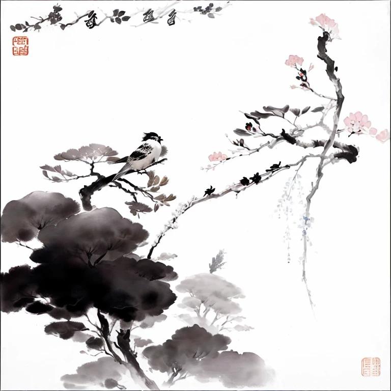 The branches are decorated with flowers and birds., Ink Painting ) ) ) ), traditional chinese Ink Painting, chinese Ink Painting, Sumi - and art, Chinese painting style, traditional Chinese painting, 中国のInk Painting, Ink Painting, black Ink Painting, Ink painting, Sumi - and, Chinese painting, chinese style painting, by Gong Kai