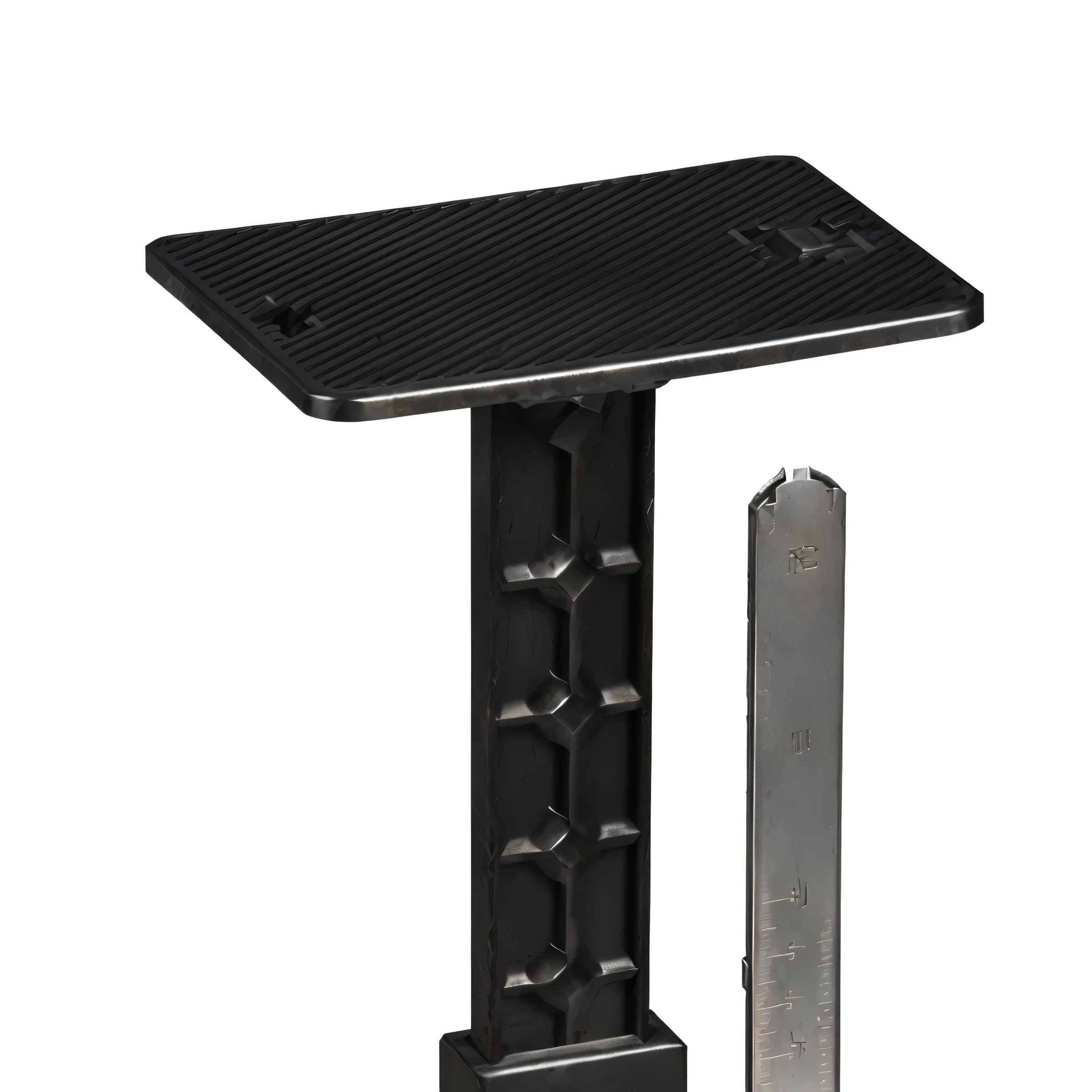 Close up of ferrous metal object and ruler, Top corner view, Bottom View, Bottom View, product photo, The console is tall and majestic, high detail product photo, detailed product photo, elevation view, Bottom Angle, Detailed product images, 130 mm, top view, Top corner, Side View, High Angle View，unbelievably realistic，Rendering，reality