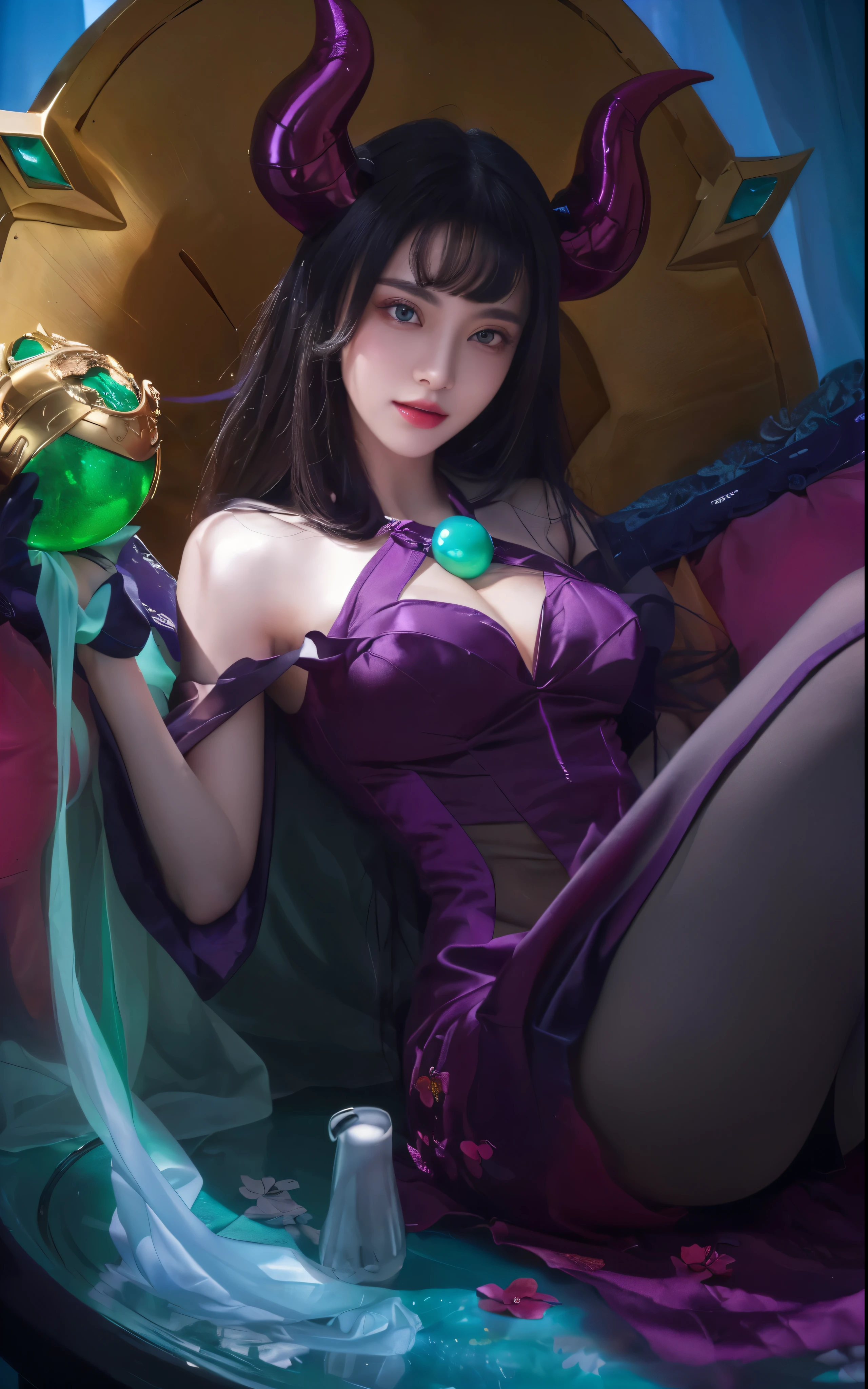 (best quality,4k,highres),close up shot of a mature woman in a vibrant purple dress (dress:purple,vibrant) elegantly holding a shiny green ball (ball:green,shiny) with a mischievous smile, devil horns (devil horns:detailed,playful) perched atop her head. The woman's eyes (eyes:detailed,sparkling) are captivating, with long and curly eyelashes (long curly eyelashes). The reflection of the ball on her full and glossy lips (lips:glossy,full) adds a touch of allure to the scene. Her facial features (face:detailed) are artistically crafted, showcasing attention to detail. The lighting (lighting:dramatic) highlights the woman's face, casting shadows (shadows:dramatic) that add depth to her expression.

The woman stands in a lush garden (garden:lush), surrounded by vibrant flowers (flowers:vibrant) in various shades of purple and green, providing a visually stunning backdrop. The garden is filled with a joyful atmosphere, as if the woman's mischievous charm has transformed the surroundings into a vibrant and magical realm.

The image is rendered using a combination of digital painting and high-resolution photography (medium:digital painting,photography), resulting in a visually striking masterpiece (masterpiece:1.2). The colors (colors:vibrant) are vivid and saturated, creating a sense of richness and depth. The overall composition is highly detailed (ultra-detailed) and realistic (realistic), capturing the essence of the woman's enchanting presence.

The scene is bathed in warm and inviting light (light:warm), enhancing the woman's features and creating an atmosphere of intrigue. The play of light and shadow adds a sense of drama and depth to the image, accentuating the woman's alluring charm.

This artwork is a perfect blend of elegance, mystery, and mischief, leaving the viewers captivated by the woman's enchanting presence and the vibrant world she inhabits.