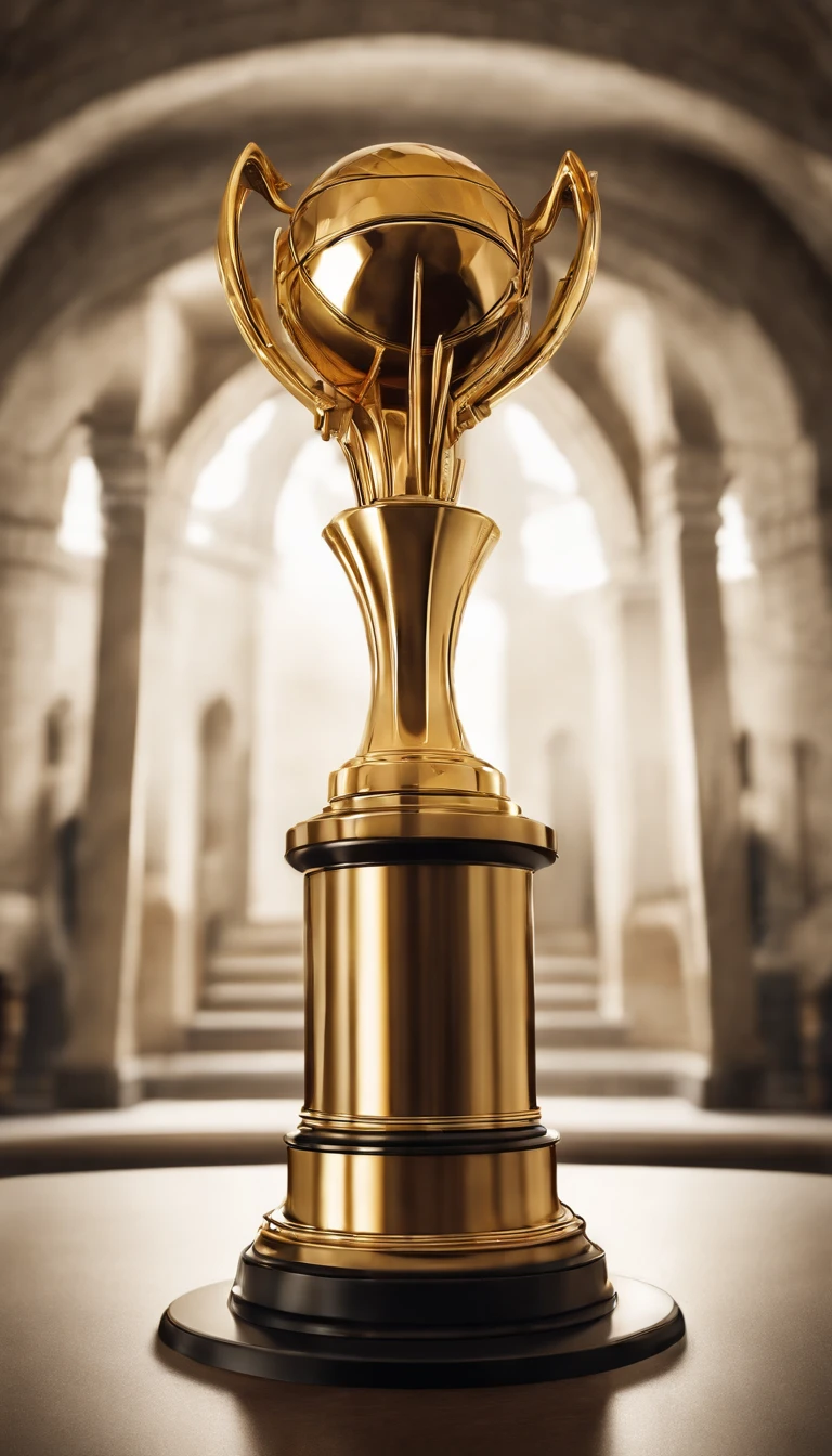 big beautiful glorious golden trophy on display, BREAK ,background\(at very beautiful clean museum\),quality\(8k,wallpaper of extremely detailed CG unit, ​masterpiece,hight resolution,top-quality,top-quality real texture skin,hyper realisitic,increase the resolution,RAW photos,best qualtiy,highly detailed,the wallpaper,cinematic lighting,ray trace,golden ratio\),dynamic angle,award-winning,(close up trophy:1.5),dynamic angle