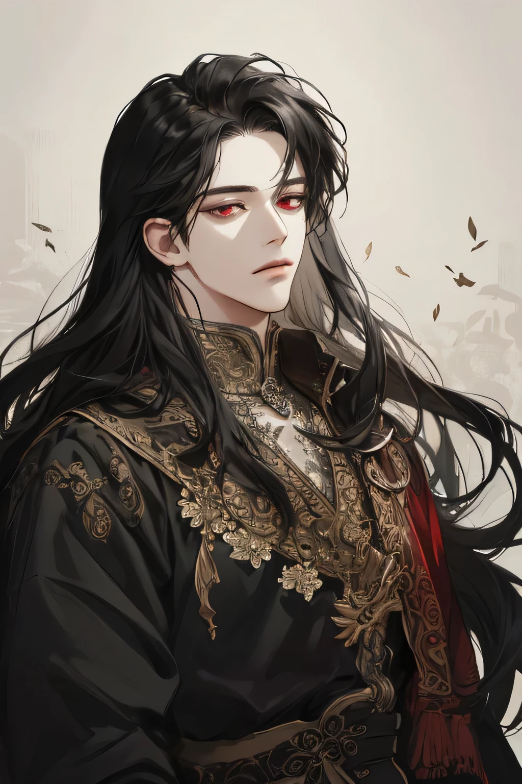 (extreamly delicate and beautiful:1.2), 8K,(masterpiece:1.0),(best_quality:1.0), 1boy, and intricate detailing, Enlarged textures, and intricate detailing, finely eye and detailed face, and intricate detailing, black long hair, (closed mouths), Perfect eyes, Equal eyes, red eyes (A male god) perpect, black long hair, background simple