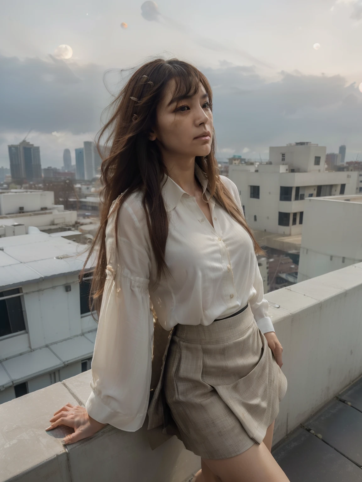 ((highest quality)), ((8K)), ((masterpiece: 1.3)), (Perfect appearance), (Photorealism: 1.6), (Ultra high definition), (Late Night: 1.4), (Skyscraper rooftop: 1.4), (Night sky with the moon peeking through the clouds: 1.4), (Windy rooftop: 1.4), (手摺に腰掛けるJapanese Mature: 1.6), (Sitting facing the outside of the building), (Legs thrown in the air: 1.2), (Woman looking down far below: 1.4), (Focus on the female figure: 1.4), (A woman standing in the center: 1.4), (Angle of a woman seen from the air: 1.4), (60 years old, Japanese Mature), ((Realistic skin texture)), ((Realistic skin texture)), (Fine lines all over the skin), (Dull skin), (Facial wrinkles), (Wrinkles around the eyes), double eyelid, Tear bags under the eyelids, Serious look, (Short bangs: 1.2), (Long Hair: 1.6), (Long hair is messed up by the strong wind: 1.4), (Soft fabric blouse: 1.2), (Flared long skirt: 1.2), (Her blouse and skirt are fluttering in the wind.: 1.4), (High heels: 1.2),