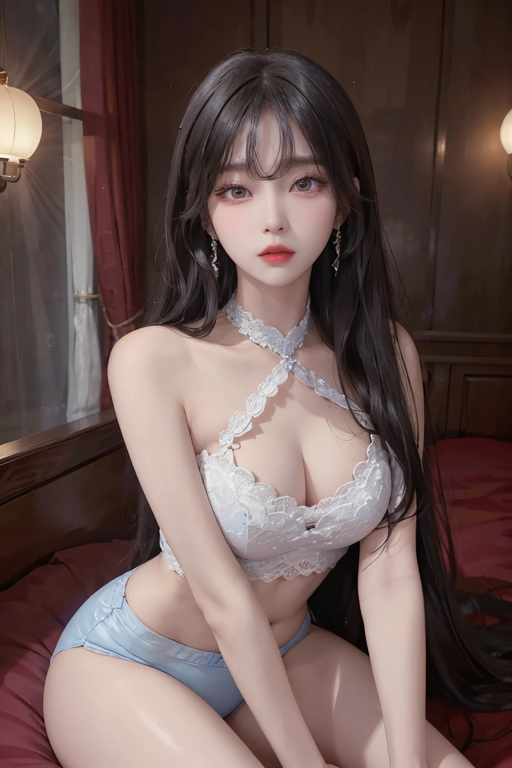 Top image quality、Raw photography、A high resolution、20-year-old cool Korean、big round chest、lace crop top、Beautiful Eyes of Details、very elongated eyes、Beautiful eyelashes、Beautiful double eyelids、eyeshadows、long legs,medium thighs, beautiful eyes finely detailed、elongated eyes、long eyeslashes、Beautiful double eyelids、eyeshadows、earrings、shiny skin、 1 girl, solo, sexy pose, sexy lace boxers,