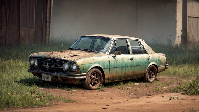 Abandoned carros, metal enferrujado escuro, danificado (quebrado,naufragado) Peugeot , weeds are growing