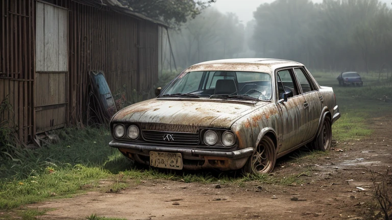 Abandoned carros, metal enferrujado escuro, danificado (quebrado,naufragado) Peugeot , weeds are growing